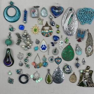 Pendant Charm Craft Jewelry Lot - Blue Green Glass Metal Heart Feather Stone